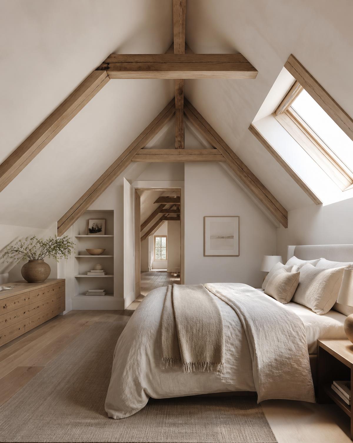 Chambre aménagée sous combles avec charpente bois apparente