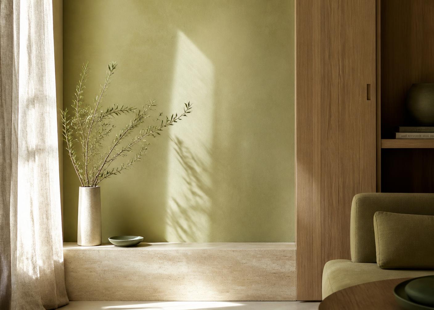 Détail d'intérieur élégant : enduit naturel, chêne clair, lin et pierre