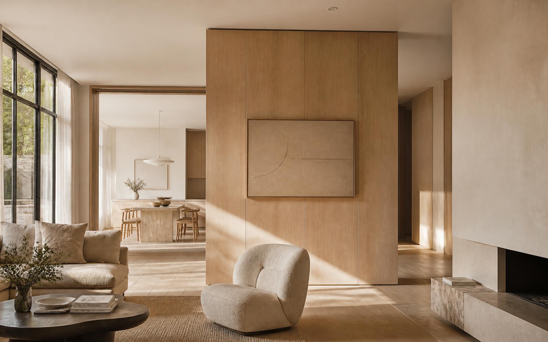 Séjour contemporain haut de gamme en chêne clair et enduits naturels
