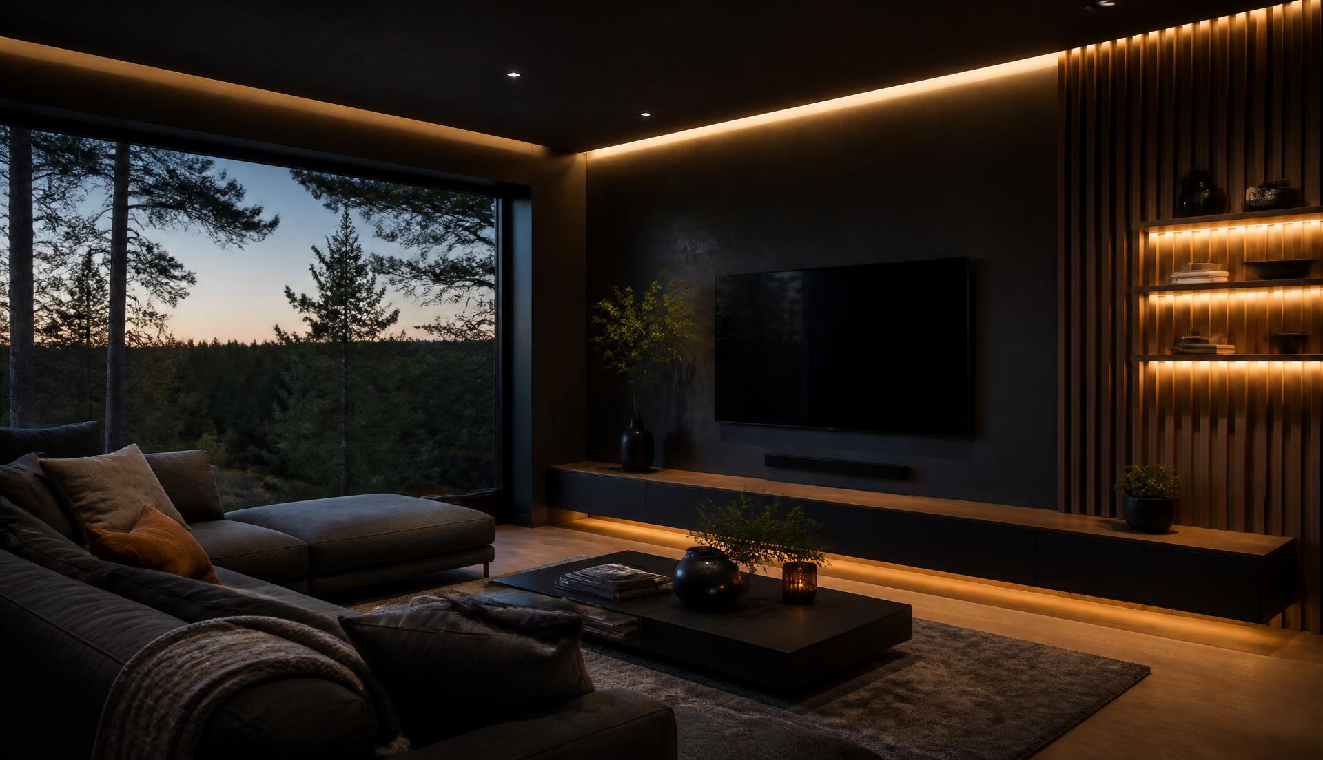 Intérieur contemporain chaleureux à la tombée du jour — photographie d'inspiration